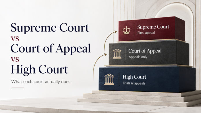 Visual comparison of the UK Supreme Court, Court of Appeal and High Court, showing their roles in the court hierarchy.