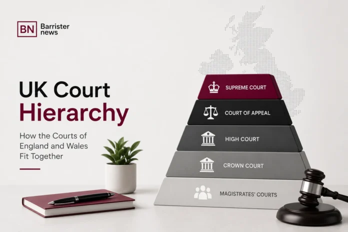 Illustration of the UK court hierarchy showing the courts of England and Wales from Magistrates' Courts to the Supreme Court.