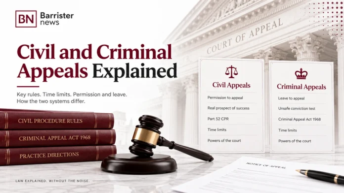 Illustration comparing civil and criminal appeals in the UK, featuring legal documents, a judge's gavel, law books and the Court of Appeal, with Barrister News branding.