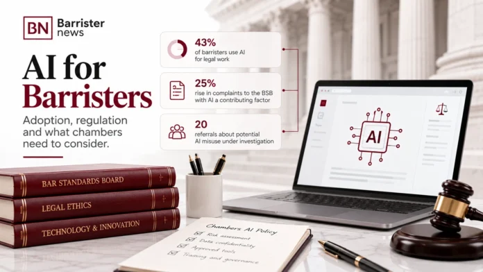 AI adoption and regulation for barristers, featuring AI usage statistics, a laptop displaying an AI interface, legal books, a chambers AI policy checklist and Barrister News branding.