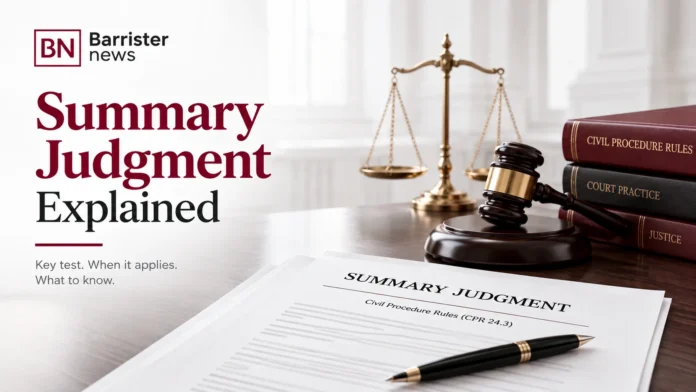 Summary judgment explained under CPR 24, featuring a legal document, judge’s gavel and civil procedure law books in a Barrister News editorial design.